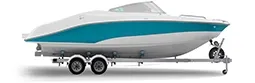 Profile of a white boat with a teal stripe along the side.